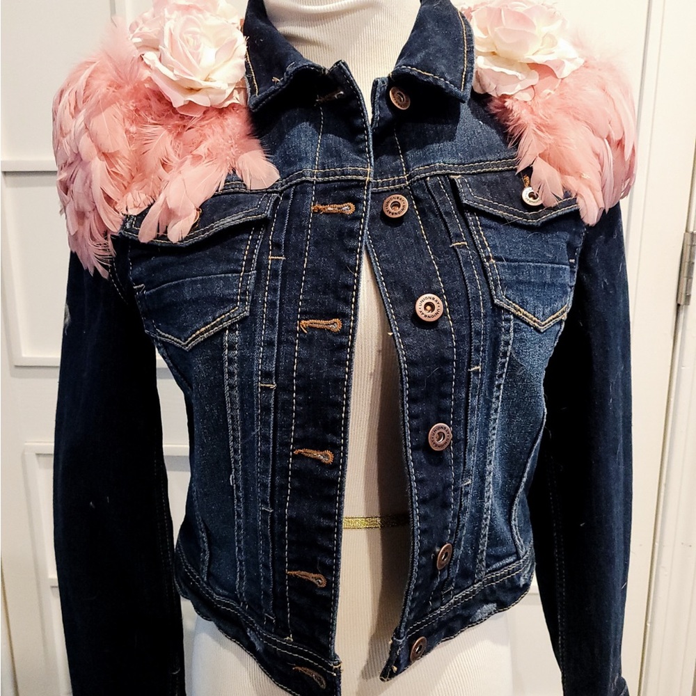 Brand new embellished denim jacket with pink feather epaulettes